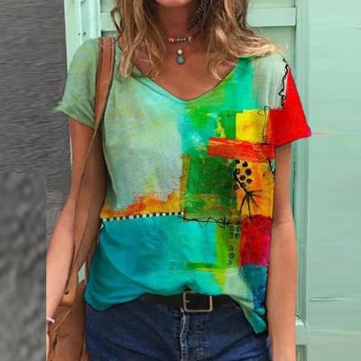 China New Summer Leisure Colorful Printing Spring Pullover V-Neck Women's Casual Short Sleeve T-shirt for sale