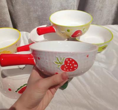 China Viable Ceramic Fruit Salad Strawberry Color Underlay Microwave Bowl Microwave Handle Breakfast Handle Single Bowl Cereal for sale