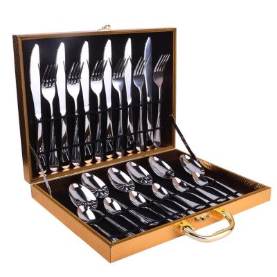 China MKS-928 Viable Wooden Box Packing 24pcs Stainless Steel Cutlery Set Dinnerware Set Flatware Set Gift Box Spoon Fork Knife for sale