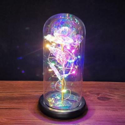 China Christmas Decoration Supplies Plastic Gold Foil Rose Glass Cover With LED Lamp Flower Xmas Valentine's Day Immortal Gifts for sale