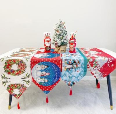 China Polyester Cotton Christmas Decorations Table Flag Snowman Garland Cotton Table Flag Christmas Tablecloth Decoration for sale