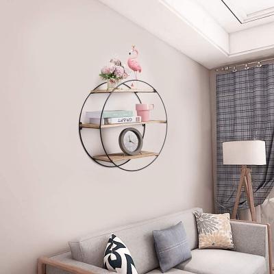 China Contemporary Geometric 3 Tier Round Wall Shelves Decorative Wood and Metal Hanging Shelf, Rustic Decorative Wall Shelf for Bedroom, Living Roo for sale