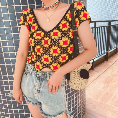 China 2021 Anti-Wrinkle Custom OEM and ODM Hollow T-shirt Women Sweater Crocheted Hand Crocheted Knitwear Short Sleeves Crocheting Sweater Women for sale