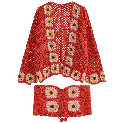 China 2021 Custom Anti-Wrinkle Winter Sweater Hand Cavity Crochet Knitwear Crochet Cardigan OEM and ODM Women Sweater Set for sale