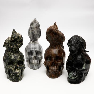 China China Wholesale Bulk Natural Crystal Carving Crafts Banded Above Agate Skulls With Owl For Decor for sale