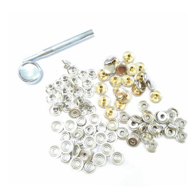 China Sustainable Eco-friendly Plating Silver For Clothes And Bags 1.5CM Size 201# Spring Button 25 Sets With Tools Brass Snap Button for sale