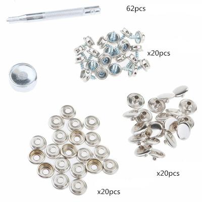 China 20sets Nickel Free Brass Snap Knob With Screw Painted Silver 0.6 Inch. in length packed with storage box and with installation tool for sale