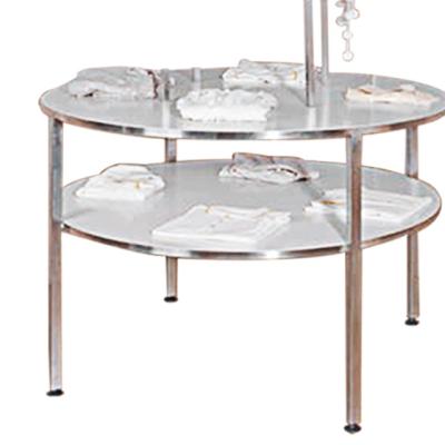 China MDF Floor Standing Round Table Pop Floor Standing Stainless Steel Garment Display for sale