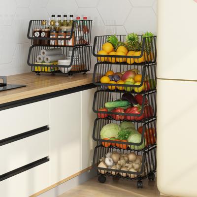 China Multifunctional Stackable Corrosion Protection Row Kitchen Organizer Wire Fruit Vegetable Display Rack Basket with Wheel for sale