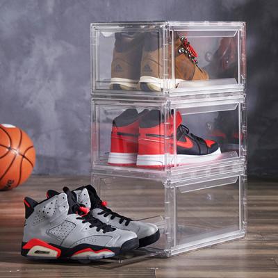 China Viable Plastic Stackable Collapsible Organizer Container Clear Foldable Basketball Shoe Sneaker Storage Box Display Box For Shoes for sale