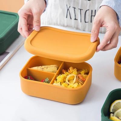 China Customized Viable Leakproof Silicone 3-Compartment Lunch Box Food Bento Lunch Boxes For Microwave Wholesale for sale