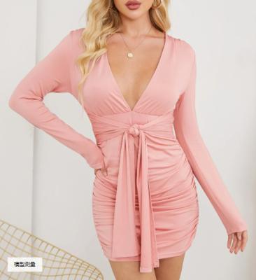 China Women's Elegant Ladies Mini Pink Dress V-Neck Body Wrap Breathable Sexy Deep Mature Long Sleeve Dress for sale