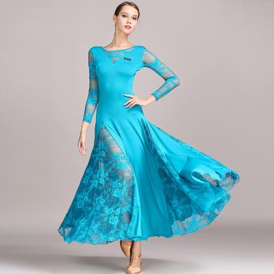 China YF-S9010 Women Breathable Ladies Tango Adult Waltz Lace Stitching Dance Dress Ballroom Costume Formal Dress Transparent Performance Wear for sale