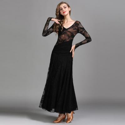 China YF-MY790 Breathable Transparent Lace Dress Women Ladies Tango Dance Dress Ballroom Costume Finger Holder Dress Tangy Waltz Wear for sale