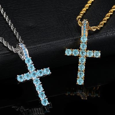 China BOHEMIA Hip Hop Jewelry 18k Gold Plated Micro Pave AAA CZ Diamond Sea Blue Cross Pendant Necklace For Women Men for sale