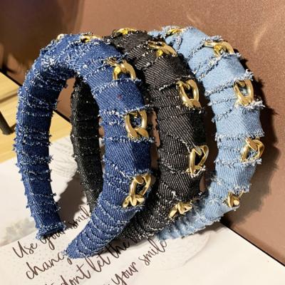 China Durable European Fashion Jean Fabric Hair Bands Sponge Wide Denim Headband For Women Headwear for sale