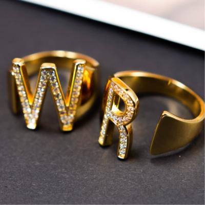 China Durable Initial Ring Adjustable Finger Ring Gold Plated CZ Diamond Letter Ring for sale