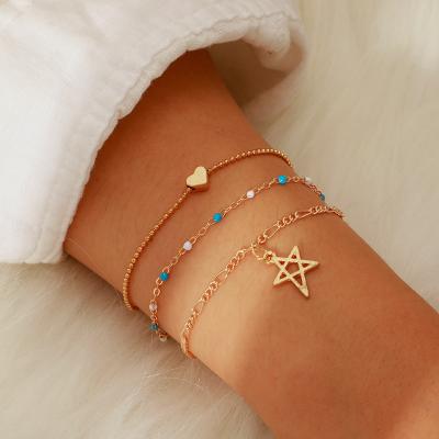 China Simple Creative Durable Alloy Sky Star Rice Bead Chain 3 Layer Bracelet Anklet Chains for sale