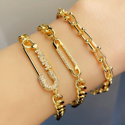 China 2021 Goods Gender Simple Zircon Alphabet Zircon Bracelet Creative Pin Paperclip Bracelet For Women Men Jewelry for sale