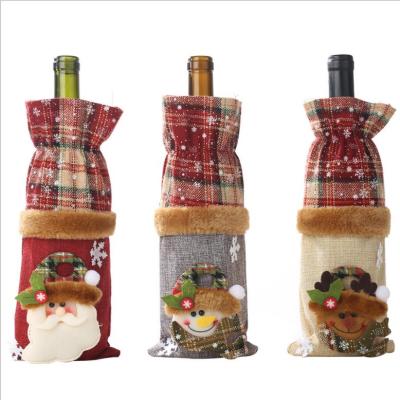 China Wholesale Cloth Grid Santa Claus Christmas Wine Bottle Canvas Cover For Christmas Dinner Table Decorations Free Shipping for sale