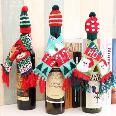 China As New Exhibition Christmas Wine Bottle Cover Decoration Knitted Scarf Hat Set Christmas Wine Bottle Decoration for sale