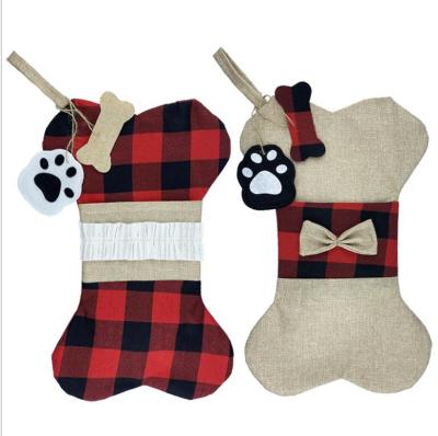 China Custom Fabric Dog Pet Bone Jute Buffalo Plaid Sock Christmas Animal Stocking For Christmas Decorations for sale