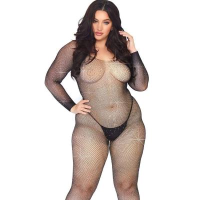 China Large Size Spandex / Cotton Black Rhinestone Net Long Sleeve Crotchless Bodystocking for sale