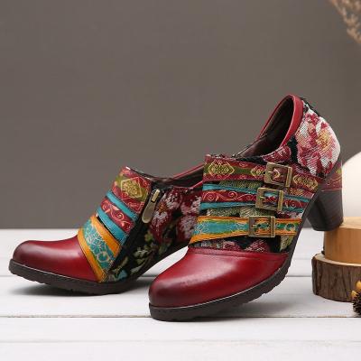 China Breathable Women's Casual Shoes2022 Plus Size Women's Shoes Leather Trim Round Main Casual Pumps Flower Chunky Heel Fashion Vintage High Heel for sale