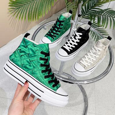 China Fashion Trend 2022 New Spring Women'S Casual Women'S Shoes Thick-Soled Canvas Shoes Satin Woven Sports High Top Board Shoes for sale