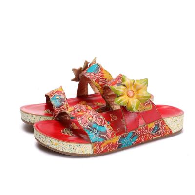 China 2022 fashion trend casual flat slippers beach new shoes European and American fashion platform slippers flower style ethnic bohemian for sale