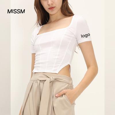 China Luxury Anti-Wrinkle MISSM Latest Design Logo Blank Designer Squared Neck Fitted T-Shirt for sale