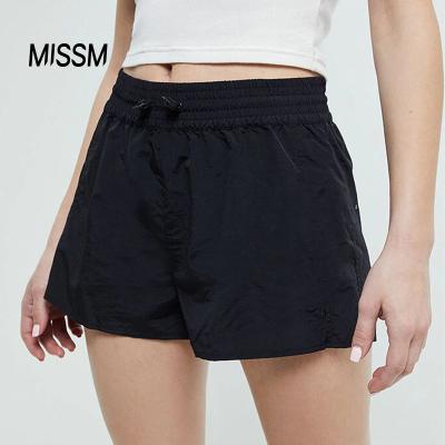 China Black Loose Fit Summer Anti-Wrinkle MISSM Shock Cord Waistband Nylon Shorts 100% Nylon Elastic Nylon Shorts With Embroidery Pattern for sale