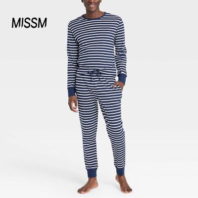 China Thermal MISSM Customized Mens 100% Cotton Striped Lounge Wear Matching Pajama Set for sale