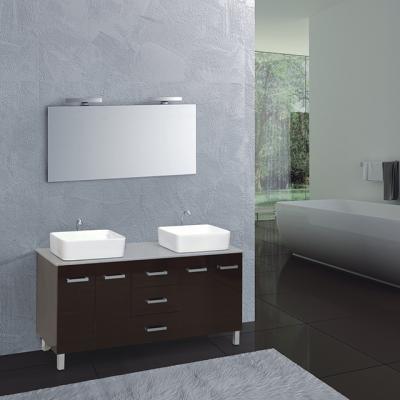 China Hangzhou 2021 modern morden brown MDF mirrored freestanding bathroom cabinet vanity with two basin for sale