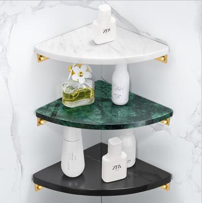 China Wall Mounted Type Modern Luxury Adhesive Type Wall Mounted No Drilling Brass Marble Material Bathroom Corner Shelves for sale