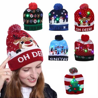 China Yiwu Adults Xmas Sublimation Xmas Decoration Plush Eco-friendly Material Battery Funny LED Button Luminous Hat With Lights for sale