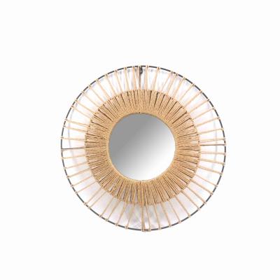 China Bulk Sale Bohemian Metal Frame Paper Rope Braided Modern Wall Mirror Framed Round for sale