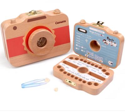 China Lovely Europe Milk Tooth Keepsake Box Kids Camera Shaped Tooth Box Wooden Toy For Kids Camera Shaped Container Storage for sale