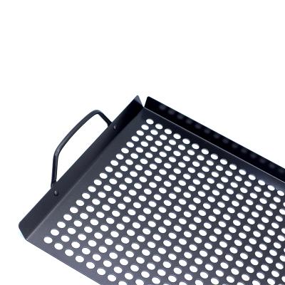 China Easily Cleaned Black Non-Stick BBQ Pan Basket With Pusher Square BBQ Grill Pan for sale