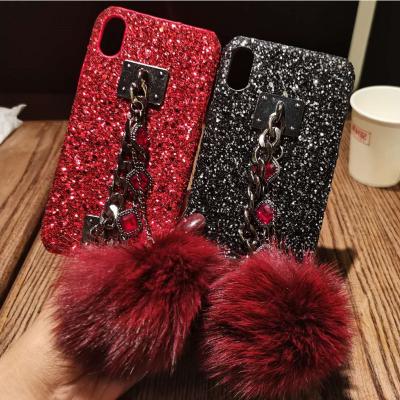 China Shockproof For Iphone 11 12 13 pro Max Case 3D Handmade Furry Glitter Diamond Bling Hard Rubber Ball With Hand Strap for sale