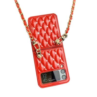 China Luxury Bling Diamond Soft PU Shockproof Cover Device With Cross - Body Chain For Samsung Z Flip 3 Case for sale