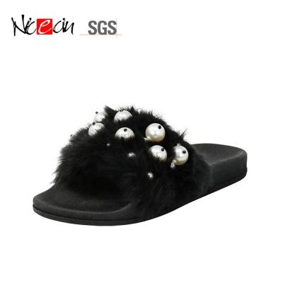 China Professional Waterproof Ladies Hot Selling Slides Beach Sandals Slipper With Pearl Fur Upper Shoes for sale