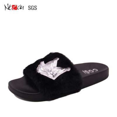 China Faux Fur Rubber Shoes Anti-odor Women's Bedroom Flat Slippers Sequins Flat Slippers Soft Slippers for sale