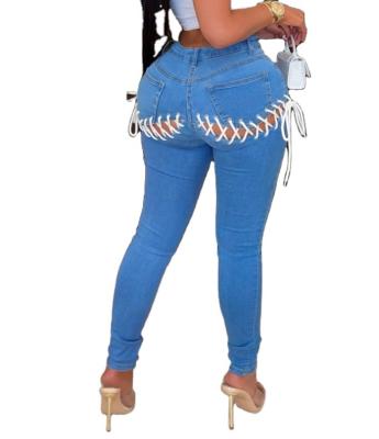 China Fashion QUICK DRY blue skinny jeans lace high waist slim pants ripped jeans for women for sale