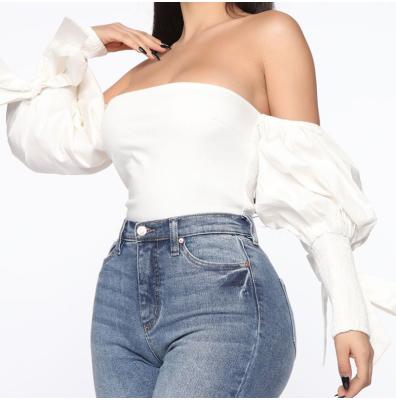 China New Design Breathable Ladies Tops With Bow Tie Puff Long Sleeve Women Blouse Off The Shoulder Ladies Blouse And Tops for sale