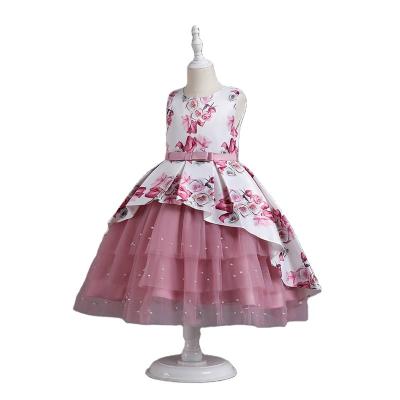 China Anti-wrinkle Satin Girls' Dress Printed Medium Children's Mesh Fluffy Princess Dress for sale