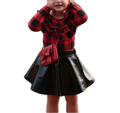 China Fall/Winter Little Girls Casual Clothing Sets Fashion Kids Long Sleeves Plaid Shirt+Leather Skirt+Headband 3Pcs Girl Outfit Sets for sale