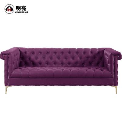 China Accept Custom Make Faux Leather Modern Contemporary Button Tufted With Gold Nailhead Trim Metal Leg Chesterfield Sofa GoldTone, Purple for sale