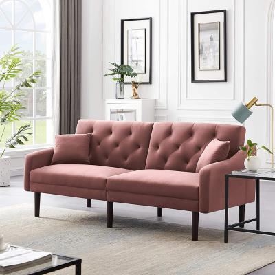 China Elegant Fabric Folding Modern Living Room High Quality Recliner Velvet Sofa Cum Bed Stretch With Pink Wooden Legs for sale