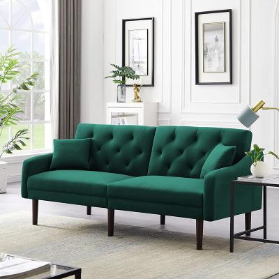 China Living Room 2021 Extendable Modern Folding Futon Recliner Stylish Velvet Fabric Sofa Cum Bed With Wooden Legs Green for sale